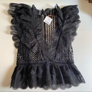 Mele E Pere Black Lace & Crochet V Neck Dramatic Top